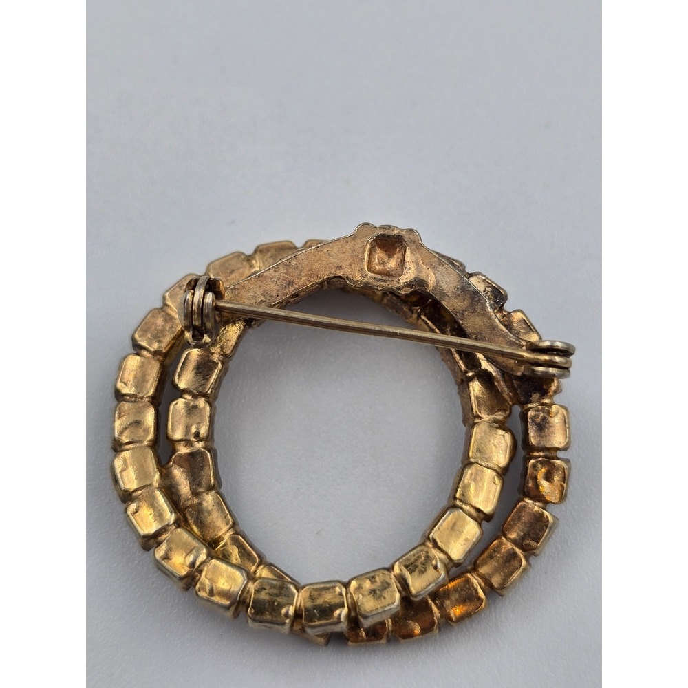 Vintage Gold Tone Interlocking Double Circle Rhinestone Brooch Pin Red Clear - Picture 5 of 6